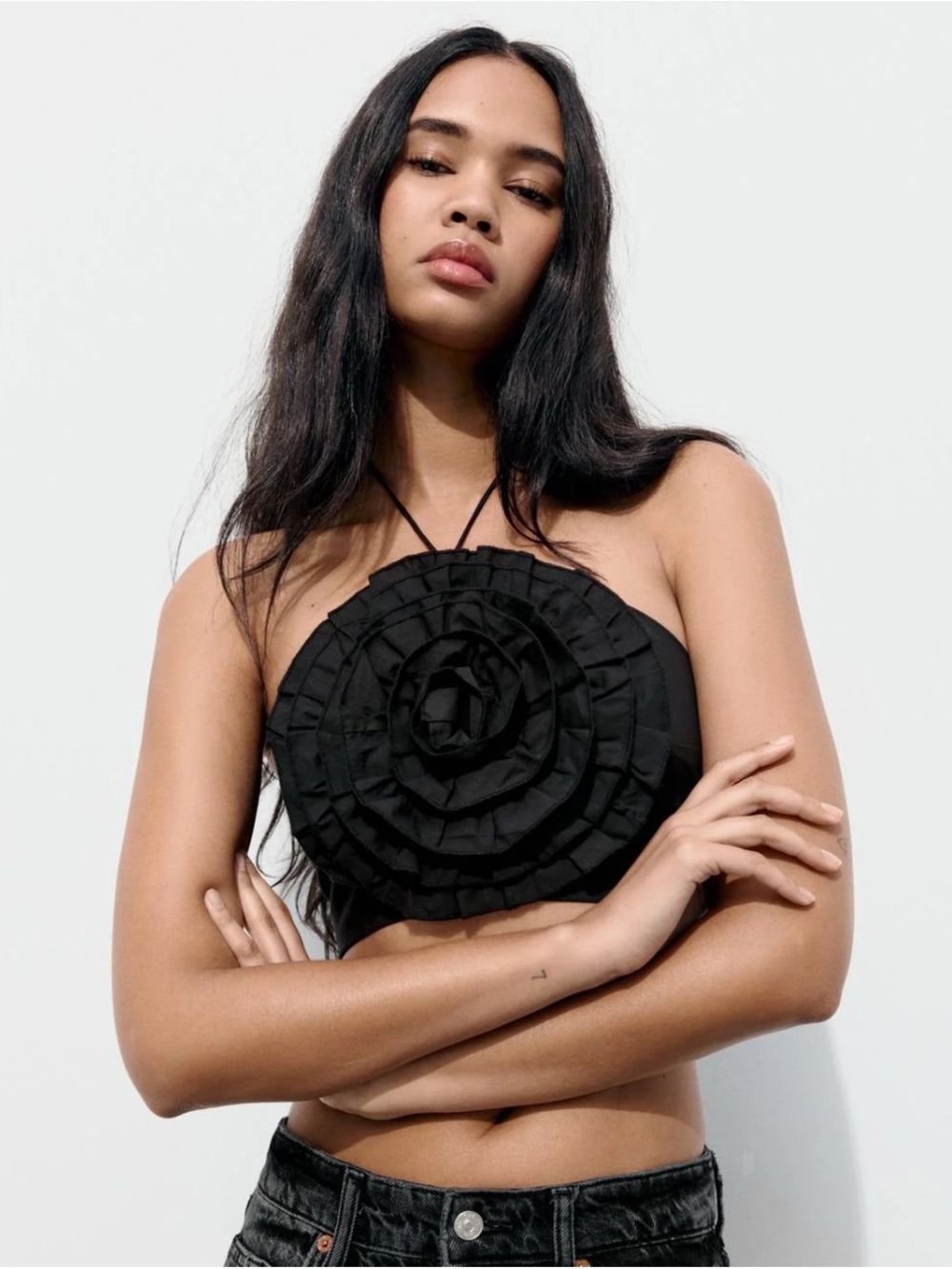 Black Halter Crop Top with Rosette Front